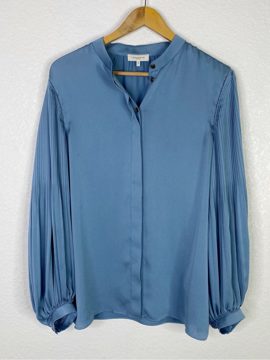 Lafayette 148 Cypress Blue Layla Plisse Sleeve Satin Blouse